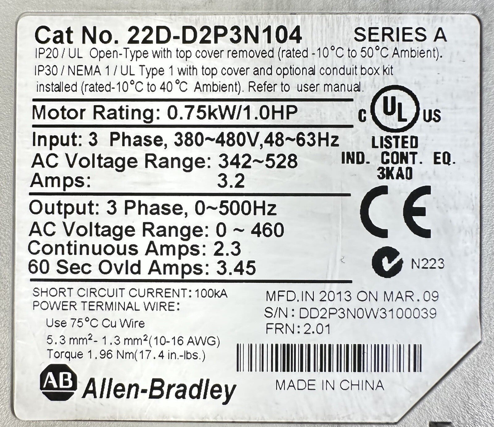 Allen Bradley 22d-D2P3N104 Ser A PowerFlex 40 -  EACH (BIN 1.4.3)