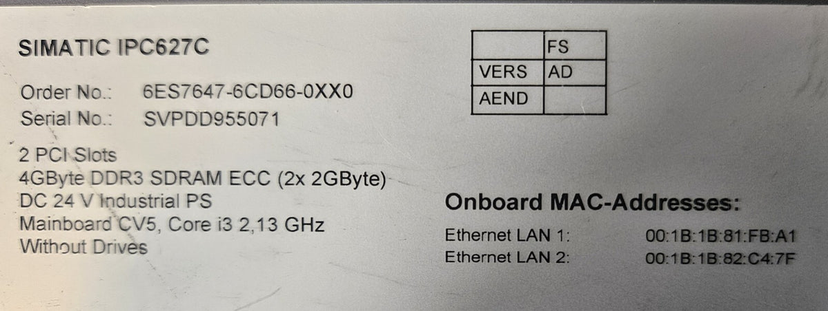 Siemens  IPC627C / 6ES7647-6CD66-0XX0 Simatic Box Pc                    (BIN562)
