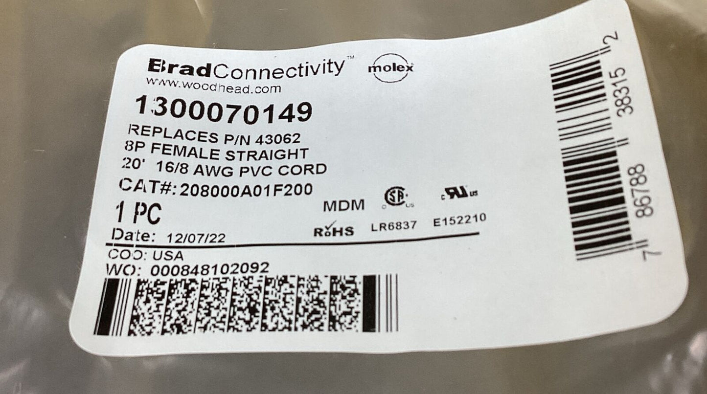 BRAD CONNECTIVITY  208000A01F200  CABLE  1300070149  20 Ft 8 PIN 16/8 PVC  5E-26