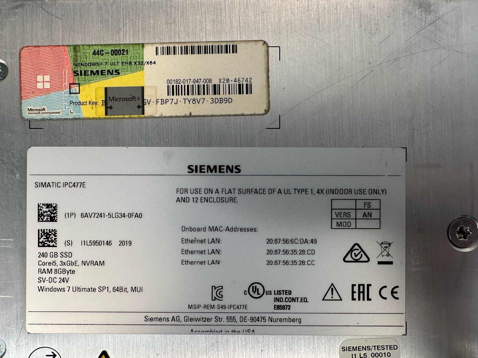 Siemens 6AV7241-5LG34-0FA0 240GB-SSD Corei5 8GB SIMATIC IPC477E  (8.6.8)