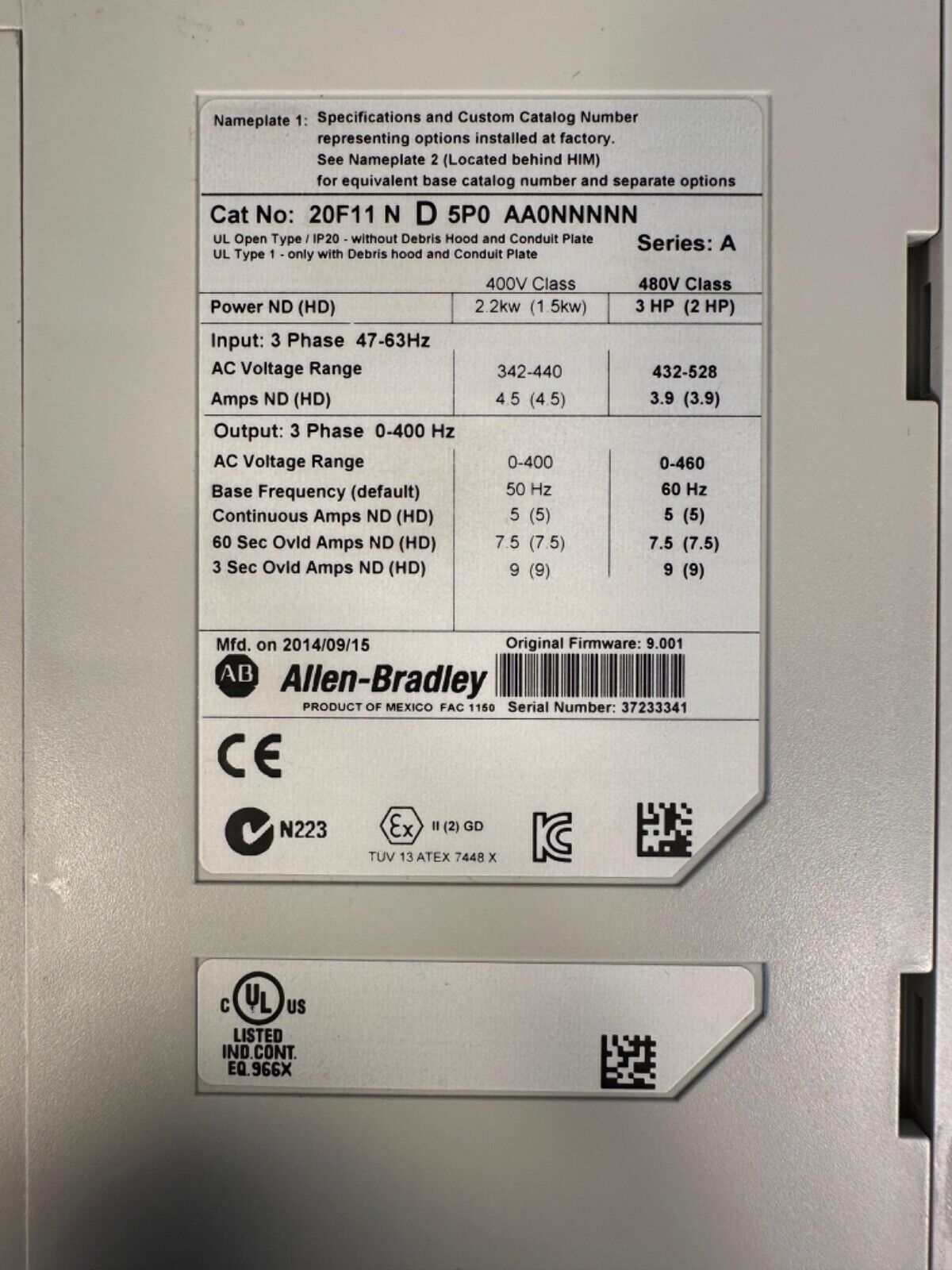 ALLEN BRADLEY POWERFLEX 753 20F11ND5P0AA0NNNNN 3HP AC DRIVE (1D-25)