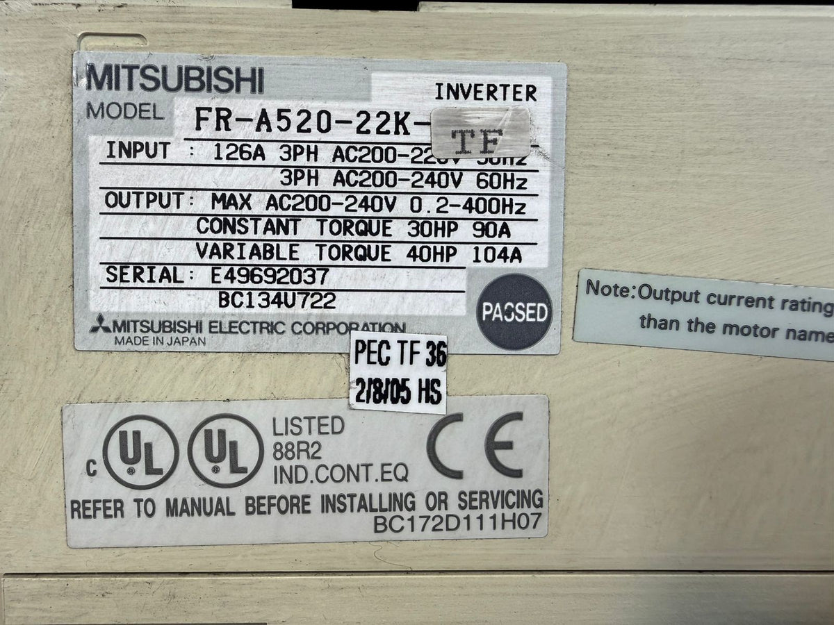 Mitsubishi FR-A520-22K / 22KW 200-240V   FR-A520-22K-TF      (10.4.4)
