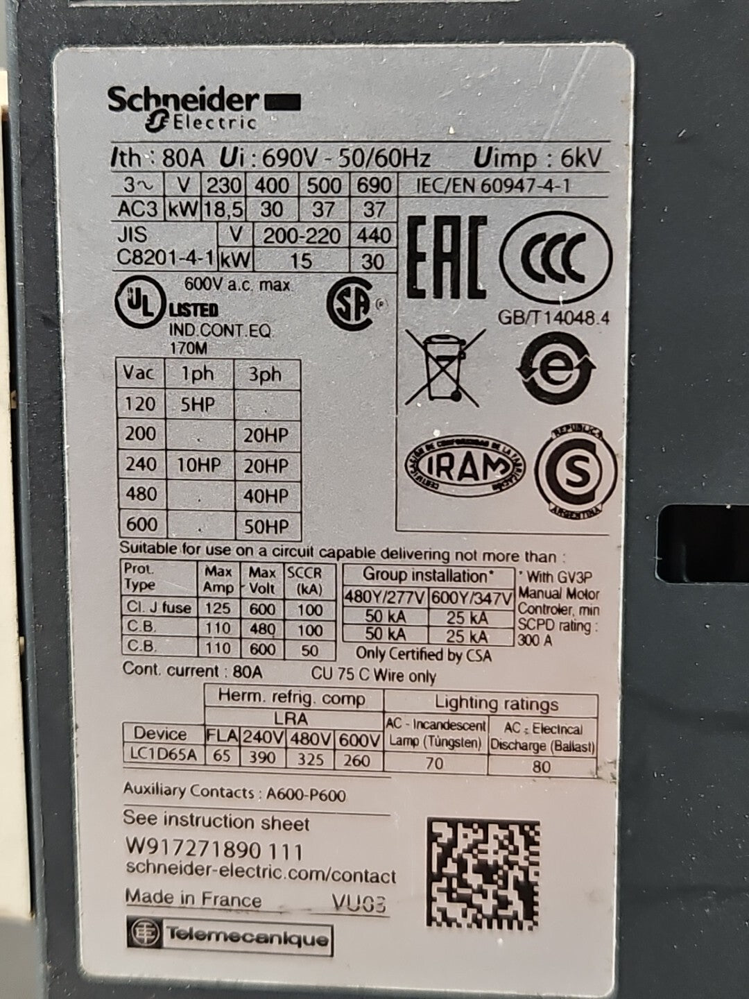 Schneider LC1D65A Coil Contactor 80A                                    (BIN212)