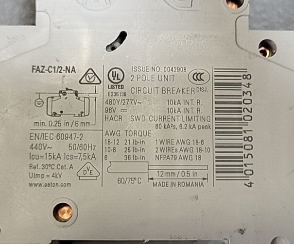 Eaton - FAZ-C1-2-NA Circuit Breakers 489 48V(BIN354)