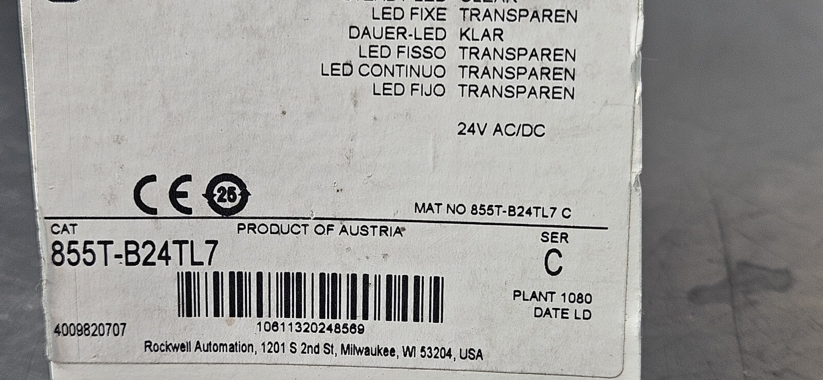 Allen Bradley 855T-B24TL7 Ser C Clear Steady LED Stack Light            (BIN731)