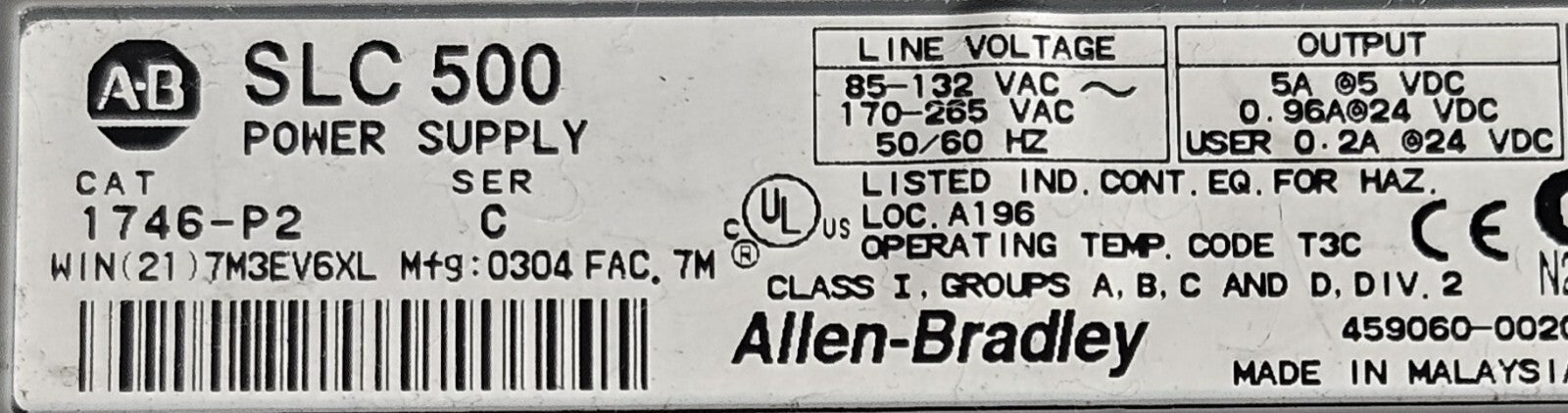 Allen Bradley 1746-P2/C  &  1746-A10/B SLC500 Power Supply / Chassis    (BIN752)