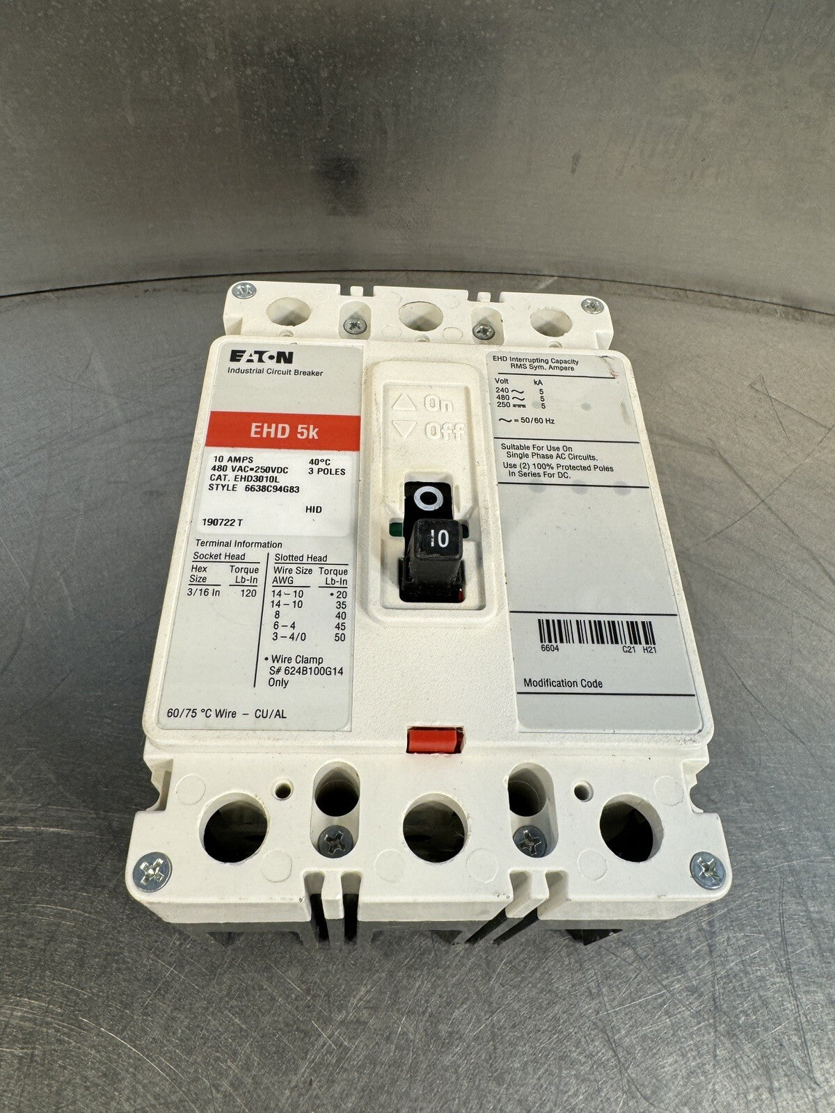 Cutler-Hammer EHD3010L 3 Pole 10 Amp 480v Industrial Circuit Breaker @bin1.5.1