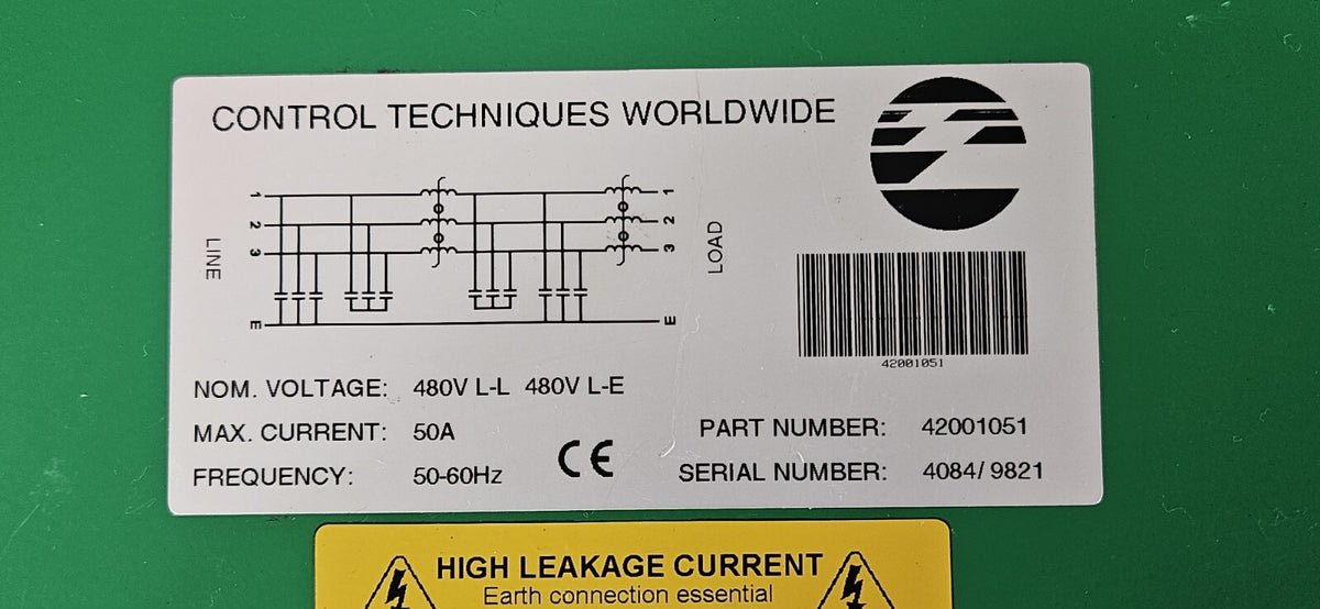 Control Techniques Worldwide 42001051   480V L-L 480V L-E 50A 50-60Hz   (BIN654)