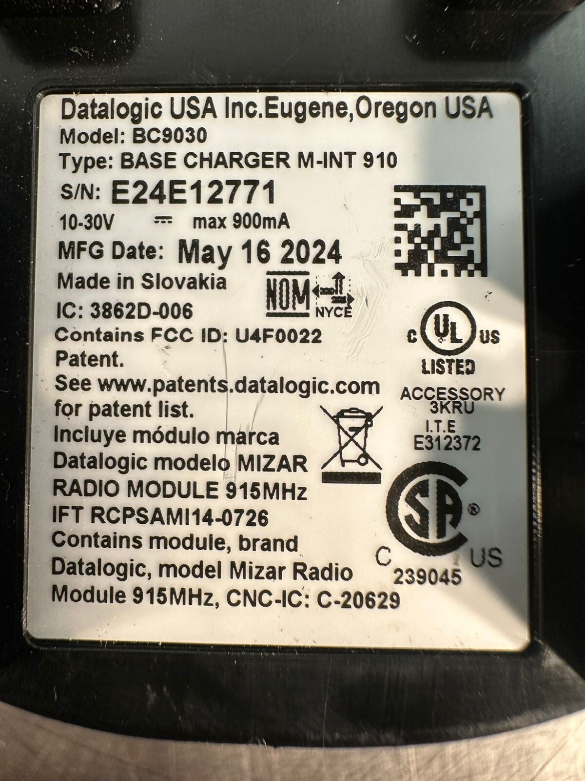 Datalogic Bc9030 Base Charger M-Int 910 10-30V 900mA  (6.4.2)