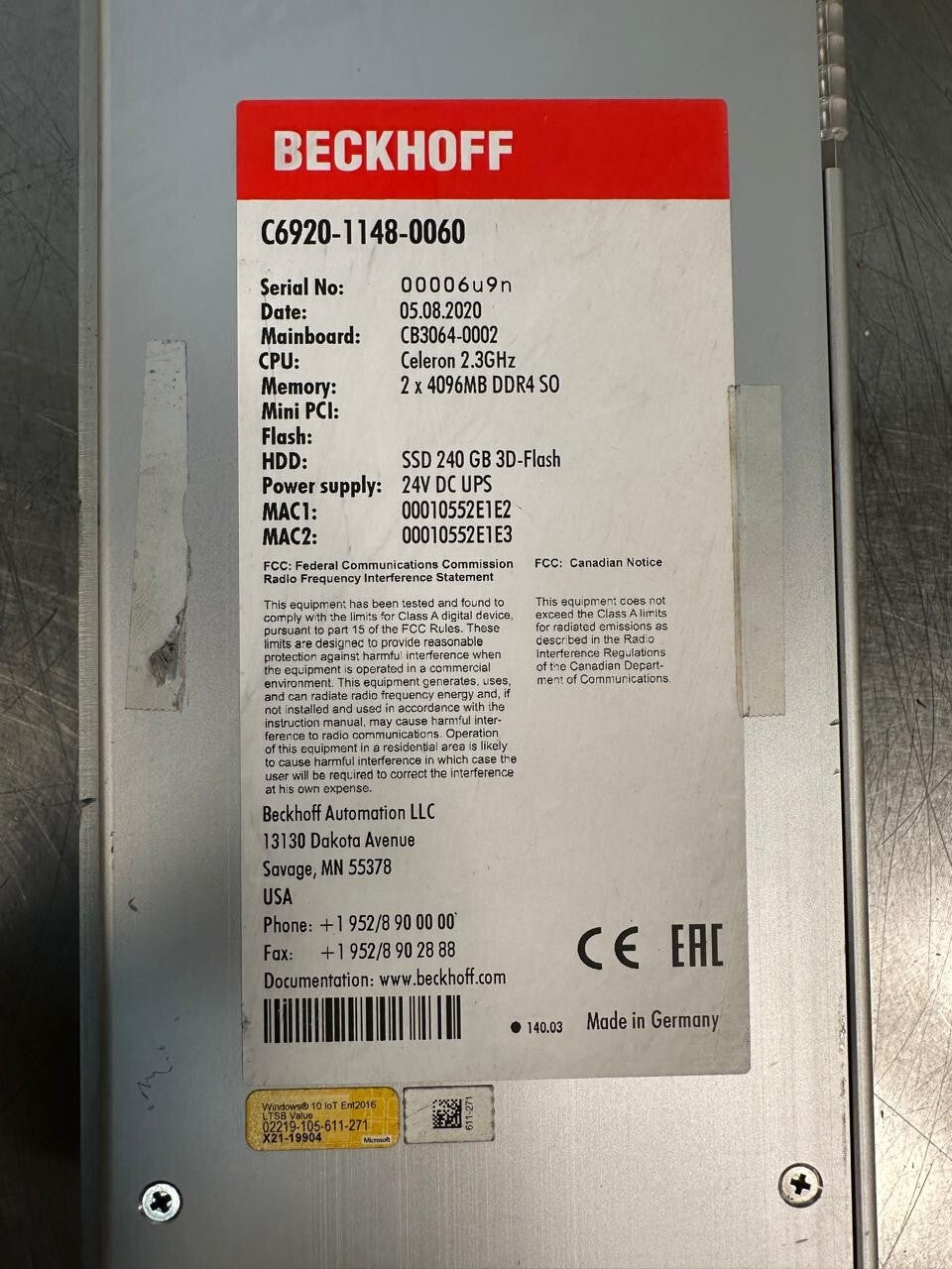 Beckhoff C6920-1148-0060 Industrial PC  Control Cabinet         (8.4.2)