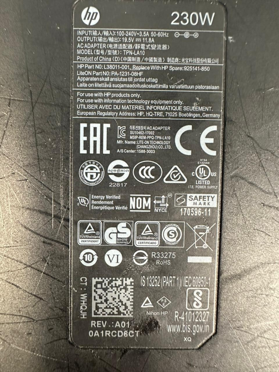TEN-LA10 Genuine HP 230W AC Adapter 19.5V 11.8A                (2.3.1)