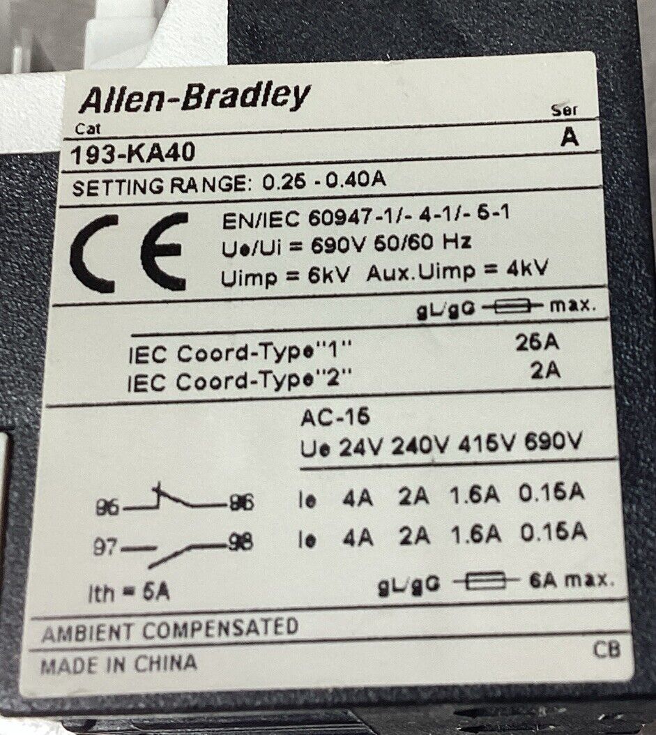 Allen Bradley  193-KA40 /A  Thermal Overload Relay, 0.25-0.40A      4C-22