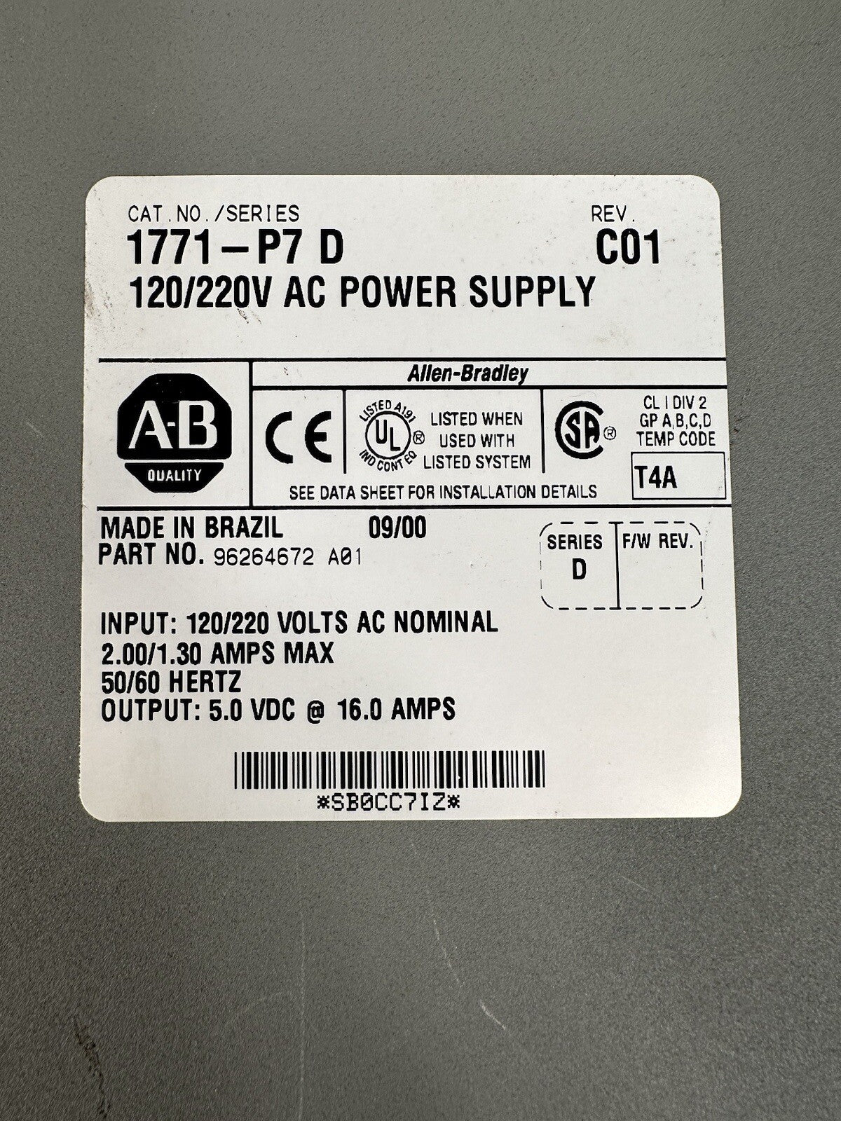 ALLEN BRADLEY 1771-P7 SER-D REV-C01 120/220VAC POWER SUPPLY (BIN-1.2.2)