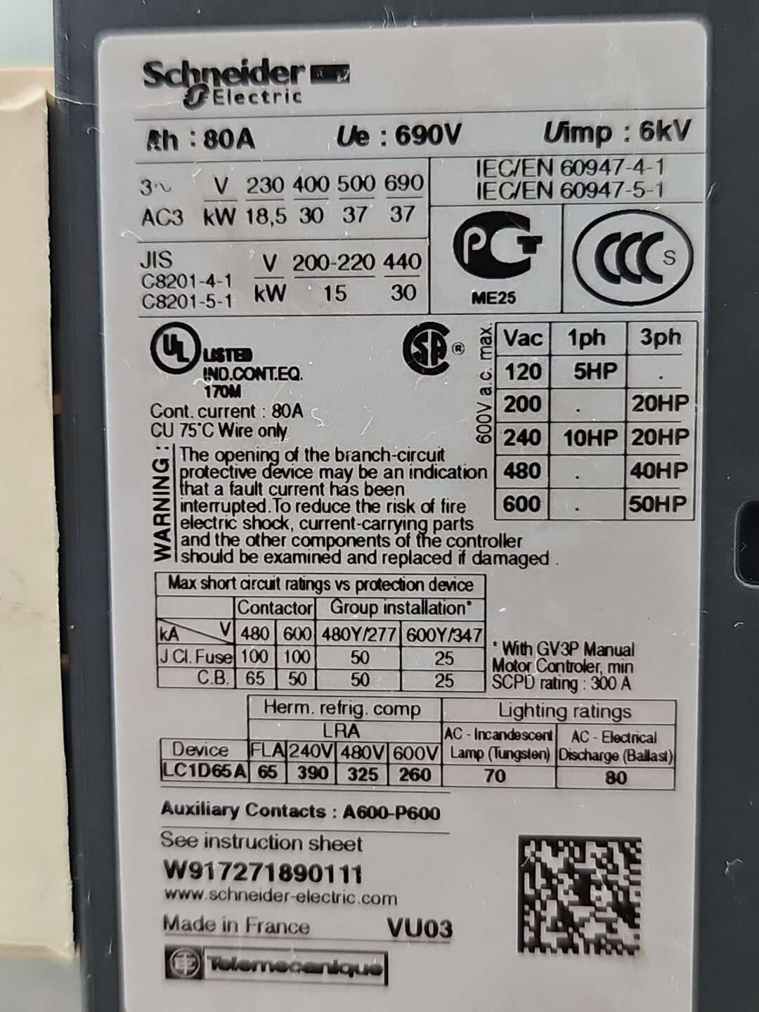 Schneider LC1D65A Coil Contactor 80A                                    (BIN444)