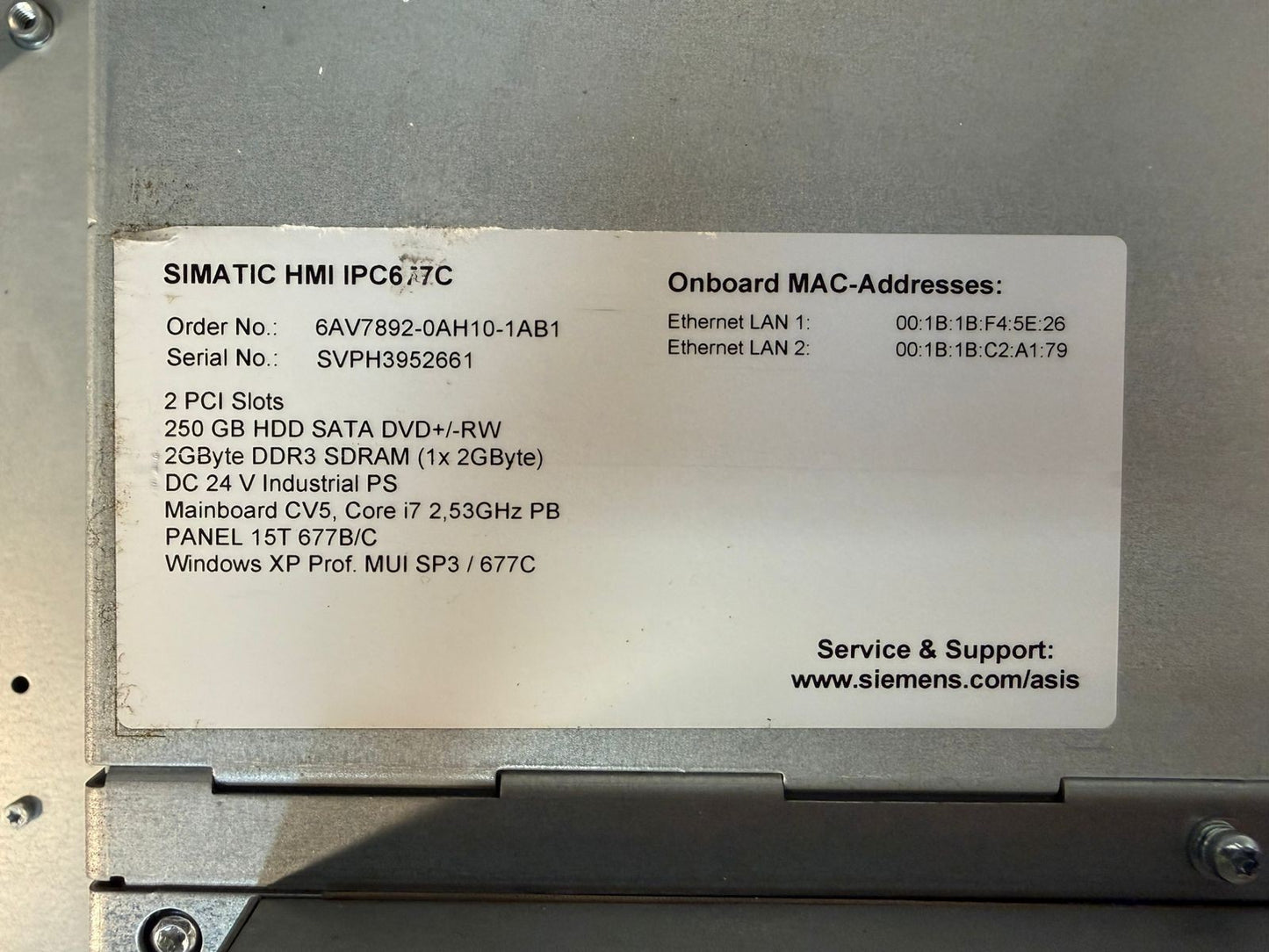 Siemens 6AV7892-0AH10-1AB1 Simatic HMI IPC677C 2 PCI Slot 250 Gb (12.4.4)