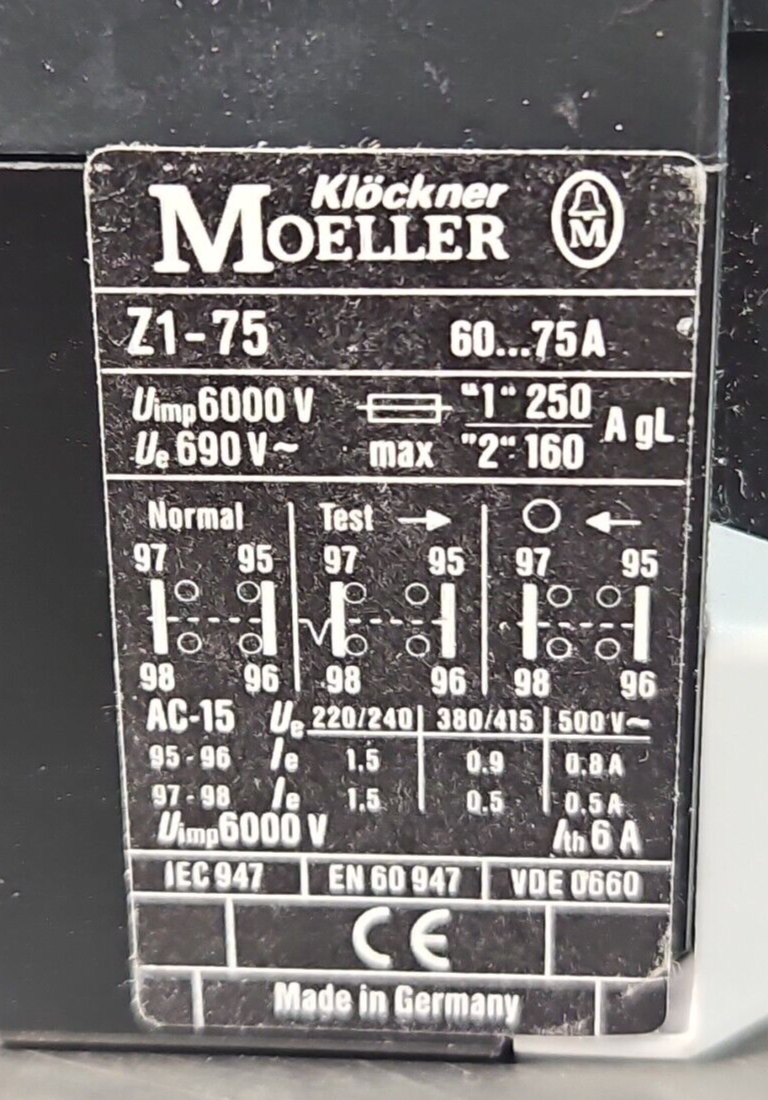 Klockner Moeller Z1-75 OVERLOAD RELAY 60-75A                              loc4C2