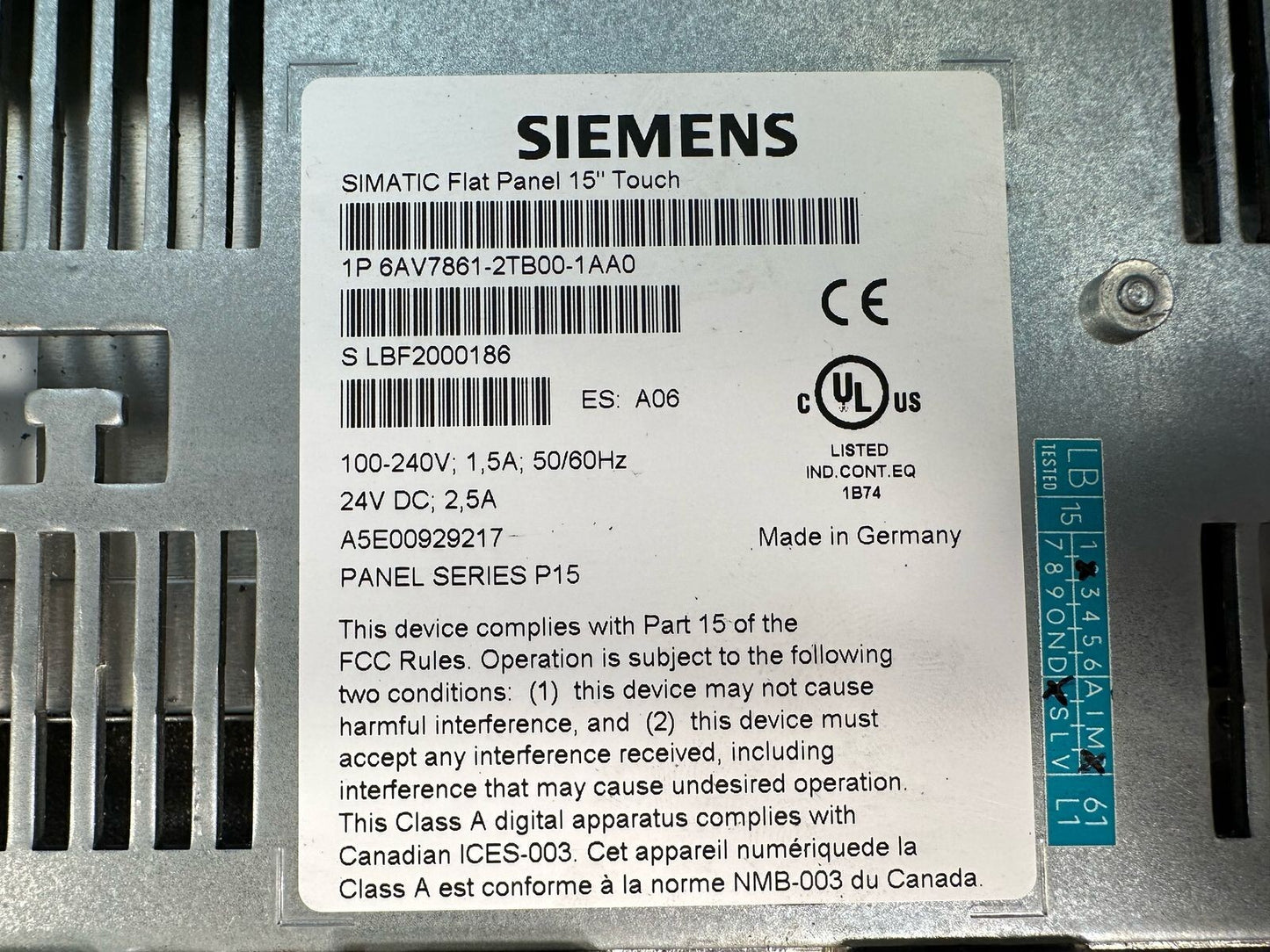 Siemens 6AV7861-2TB00-1AA0 SIMATIC Flat Panel 15”       (8.6.8)