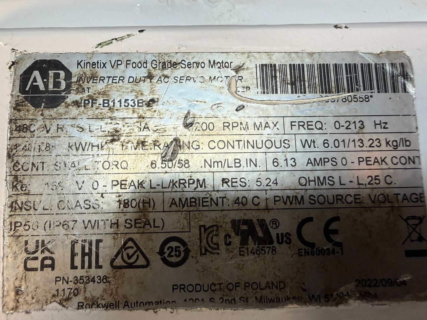 Allen Bradley VPF-B1153E Kinetix Food Grade Servo Motor            (7.6.4)