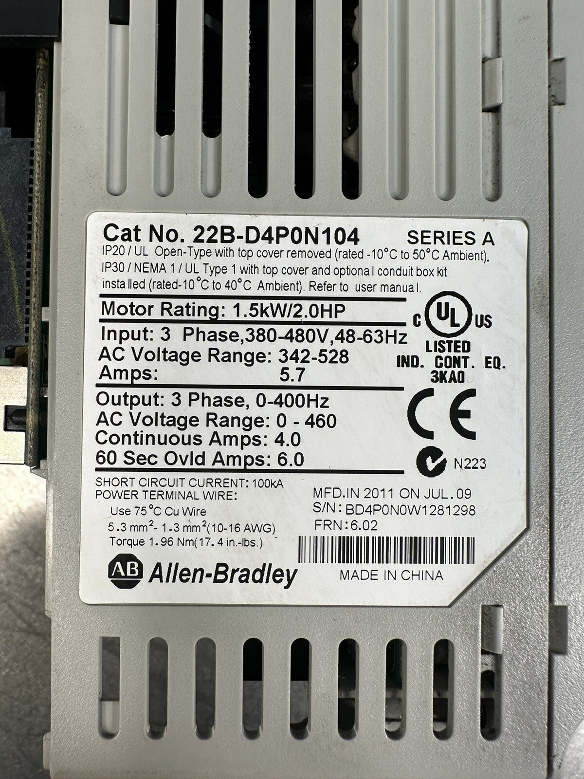 Allen Bradley 22B-D4PON104 PowerFlex40 1.5kW/2.0HP Motor (BIN-1.1.4)