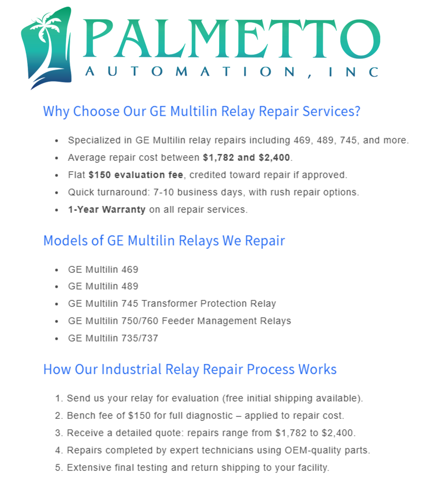 REPAIR for GE 469 Multilin 469-P5-HI-A20-E Motor Management RELAY *Repair ONLY**
