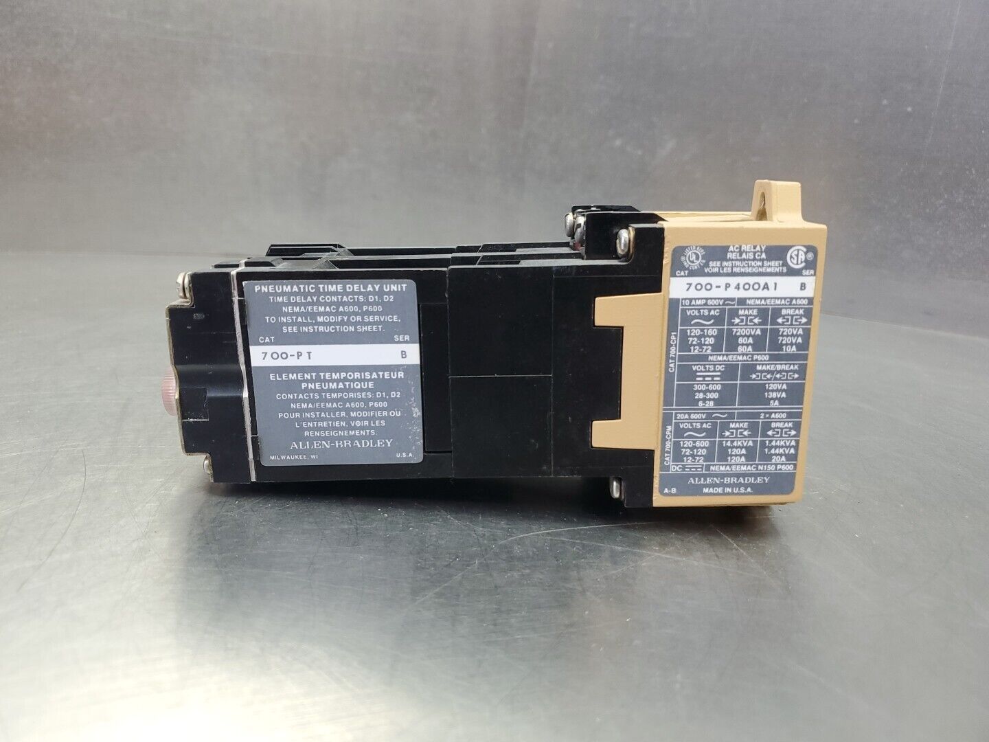 Allen Bradley 700-P000A1/B AC Relay w/700-PT/B Pneu. Time Delay Relay.     4E-36