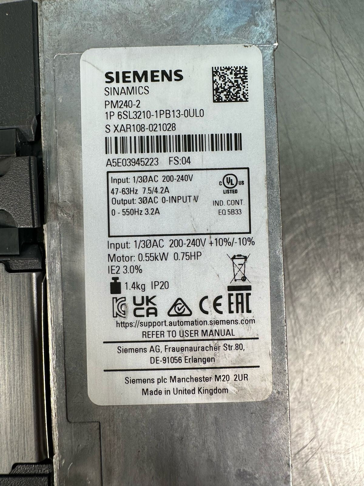 Siemens 6SL3210-1PB13-0UL0  FS:04 Sinamics Power Module PM240-2     (8.4.6)