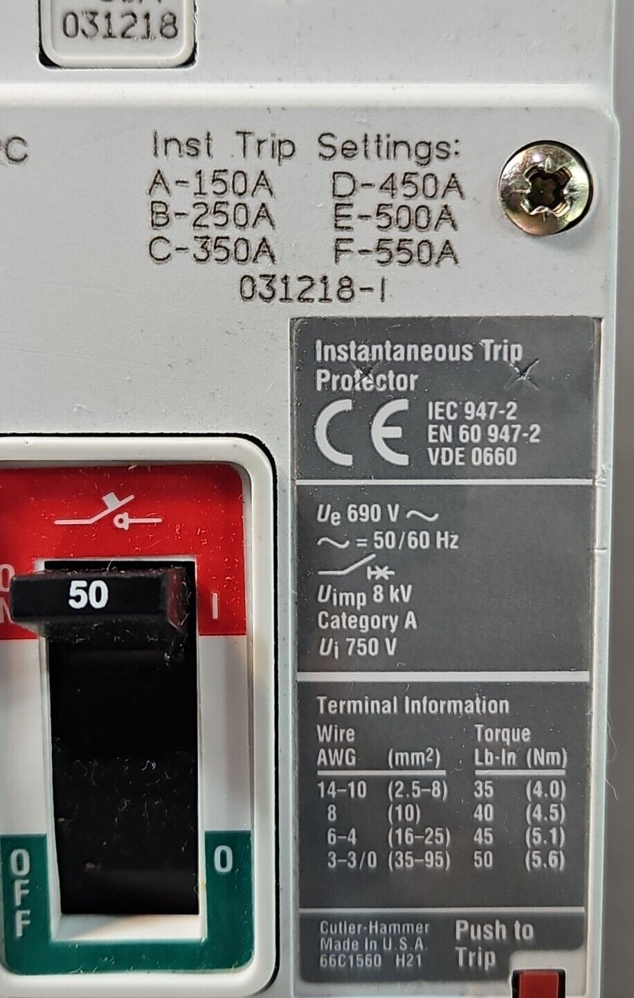 Cutler Hammer HMCP050K2C Molded Case Circuit Breaker 3P 50A             (BIN433)
