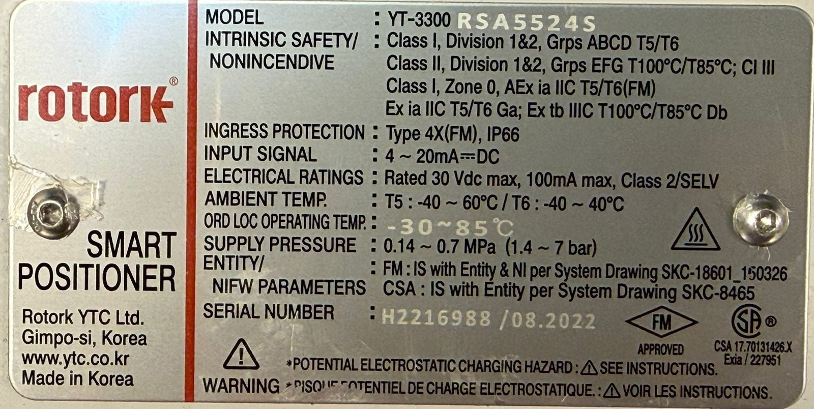 Rotork Yt-3300 RSA5524S Smart Positioner                        (4.1.1)