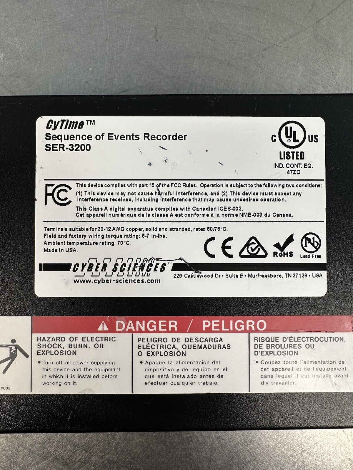 CYBER SCIENCES SER-3200 CYTIME EVENT RECORDER SER-3200  24VDC        (BIN-1.2.2)