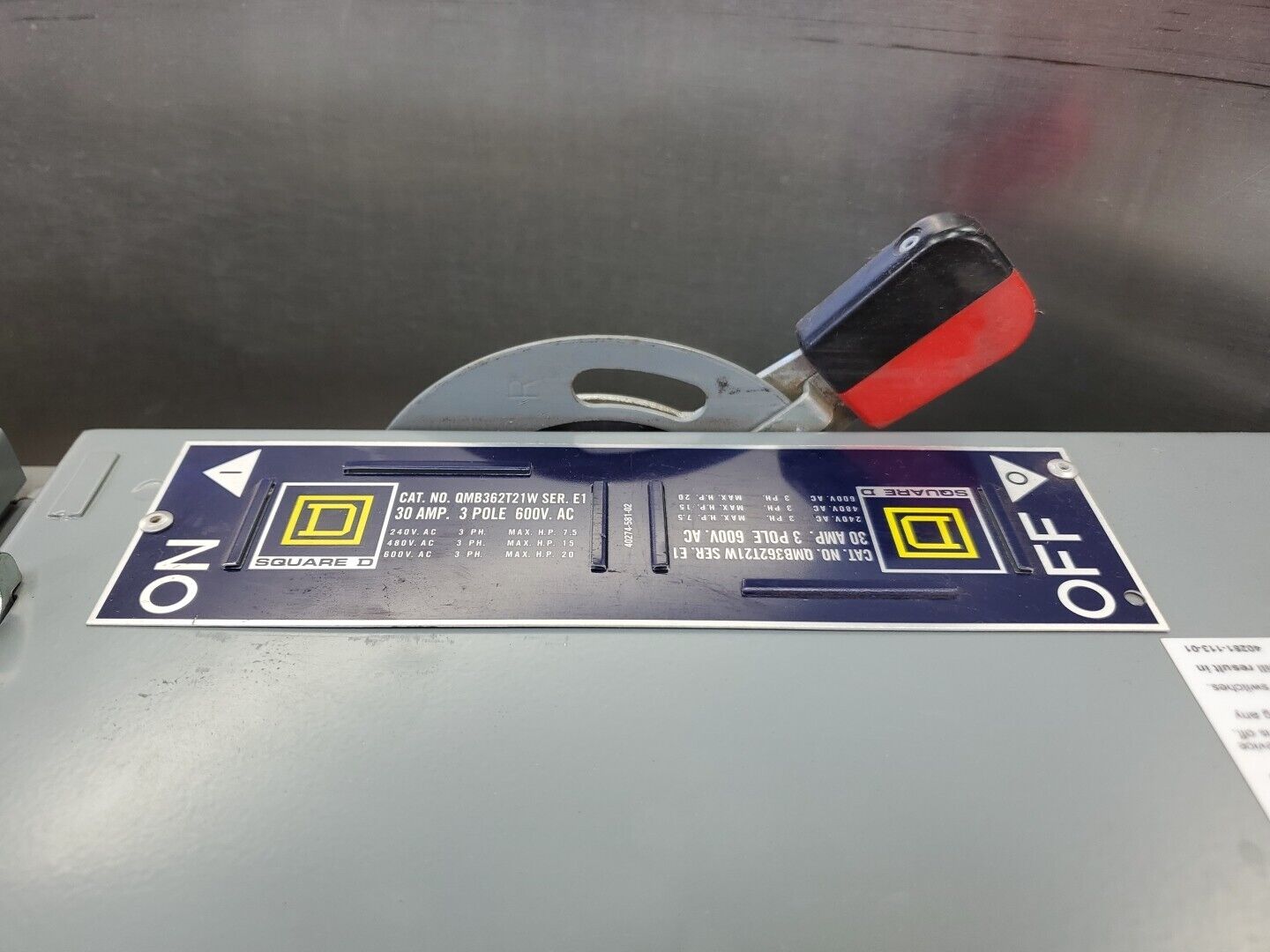 Square D QMB362T21W Ser. E1 Fusible Switch, 30A 600VAC 3 Pole.             4F-37