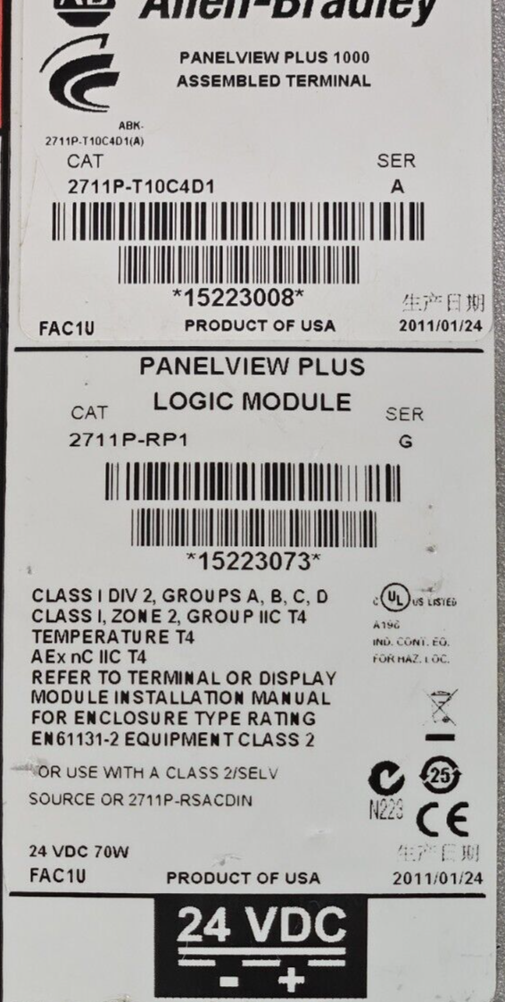 Allen-Bradley 2711P-T10C4D1 Ser B PanelView Plus Touch Panel (BIN4.4.5)