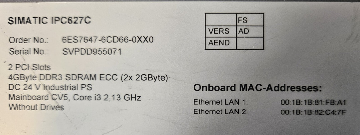 Siemens  IPC627C / 6ES7647-6CD66-0XX0 Simatic Box Pc                    (BIN562)