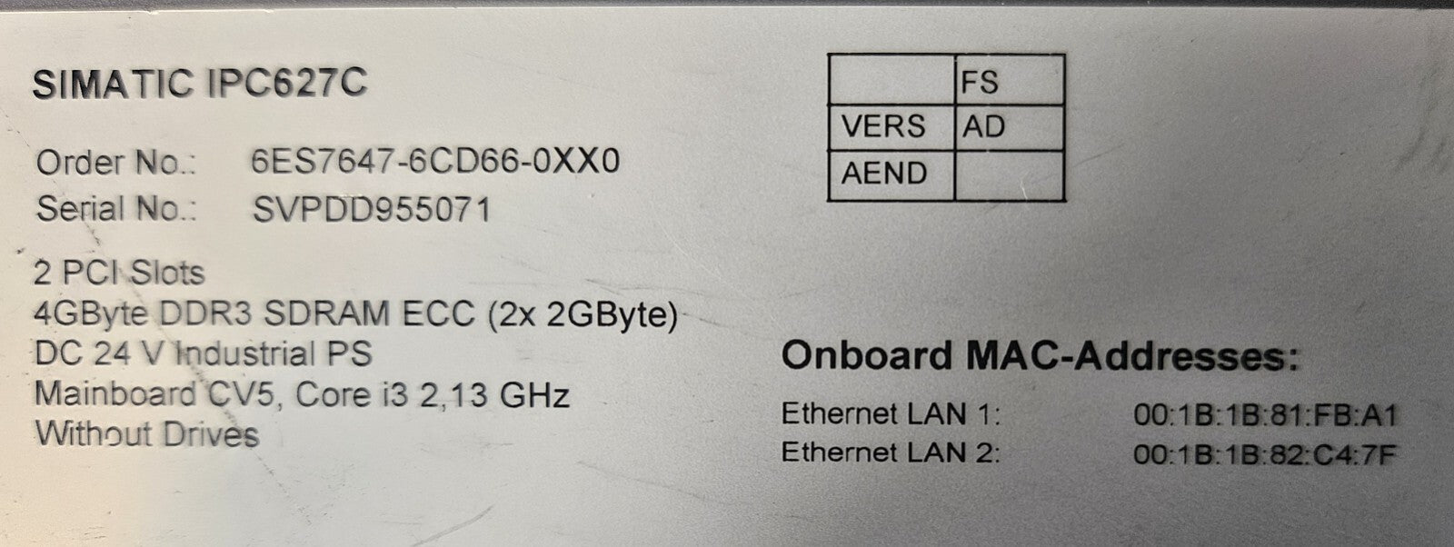 Siemens  IPC627C / 6ES7647-6CD66-0XX0 Simatic Box Pc                    (BIN562)