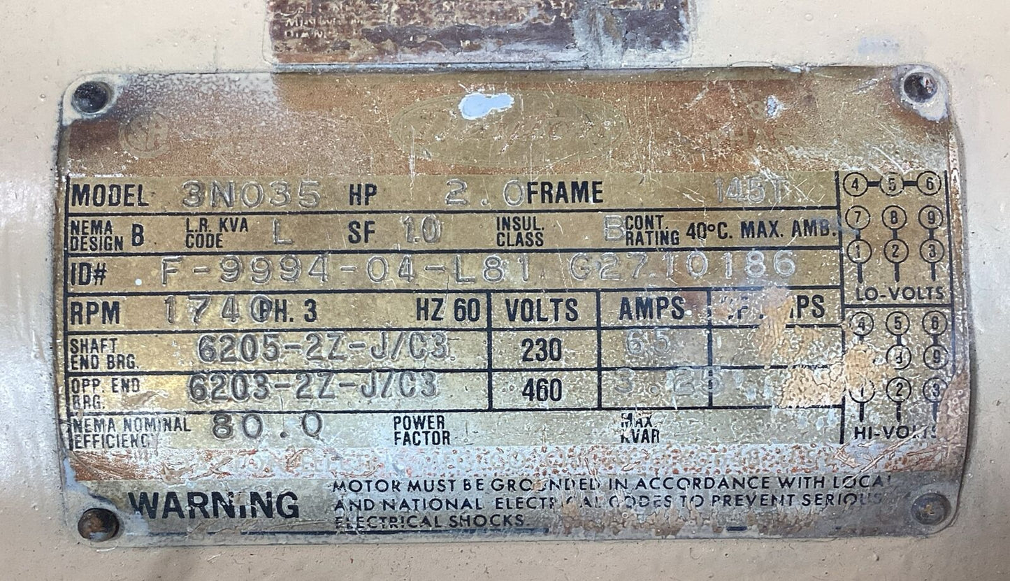 DAYTON  3N035  2HP ELECTRIC MOTOR 1740 RPM 145T FRAME 3 PHASE      1D