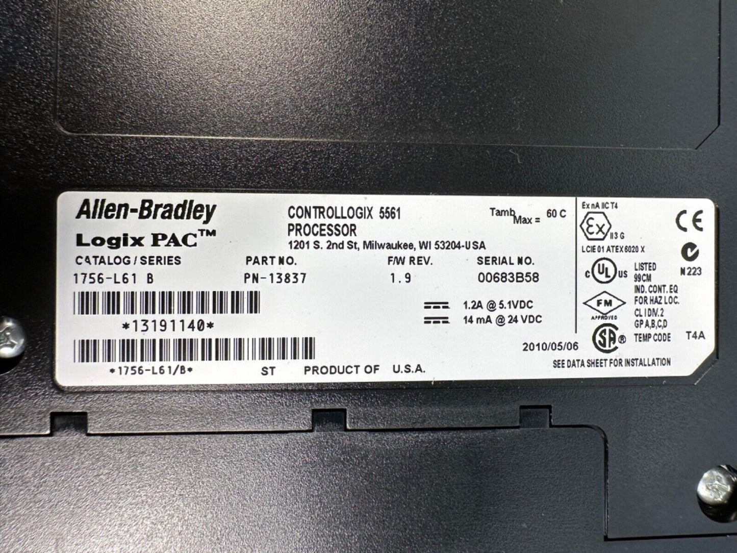 Allen Bradley 1756-L61 Controllogix Logix-5561 Cpu Processor Ser B (3E–25)