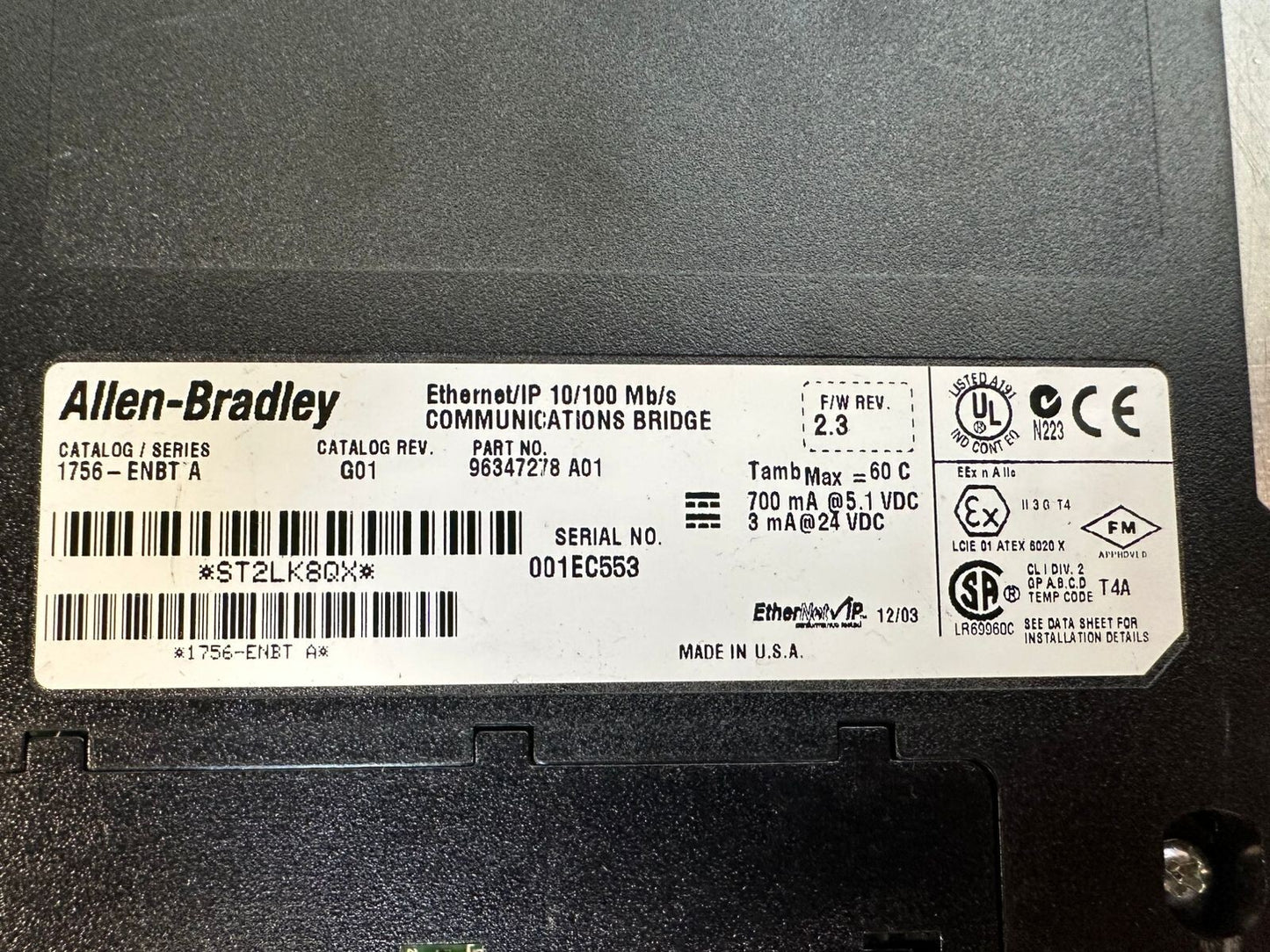 Allen Bradley 1756-ENBT /A Ethernet/IP 10/100 Mb-s 96347278 (4.5.4)