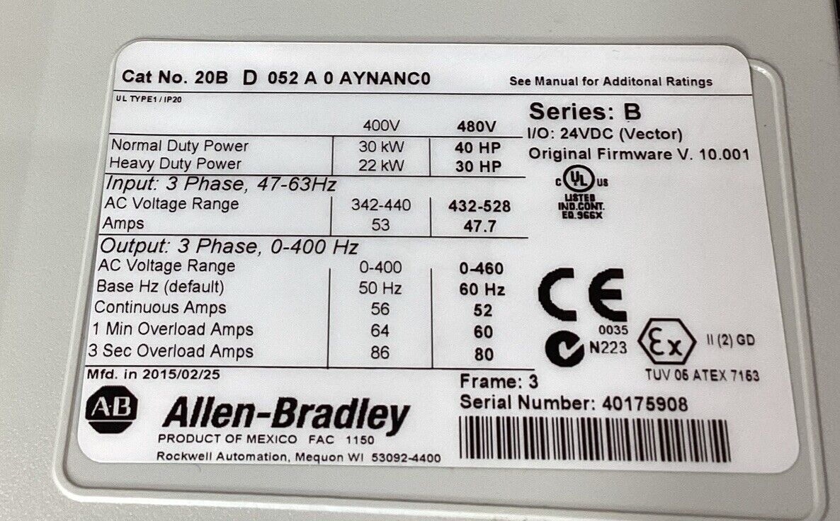 ALLEN BRADLEY  20BD052A0AYNANC0 /B  PowerFlex 700 Drive 3Ph 40HP 52A 480V    1C