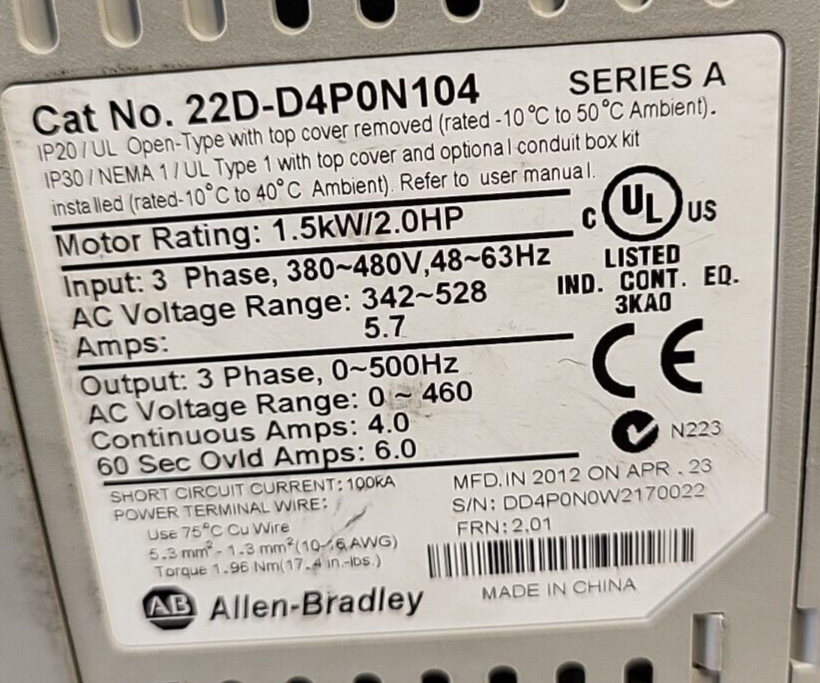 Allen Bradley 22D-D4P0N104 /A PowerFlex 40P AC Drive 480V(BIN324)