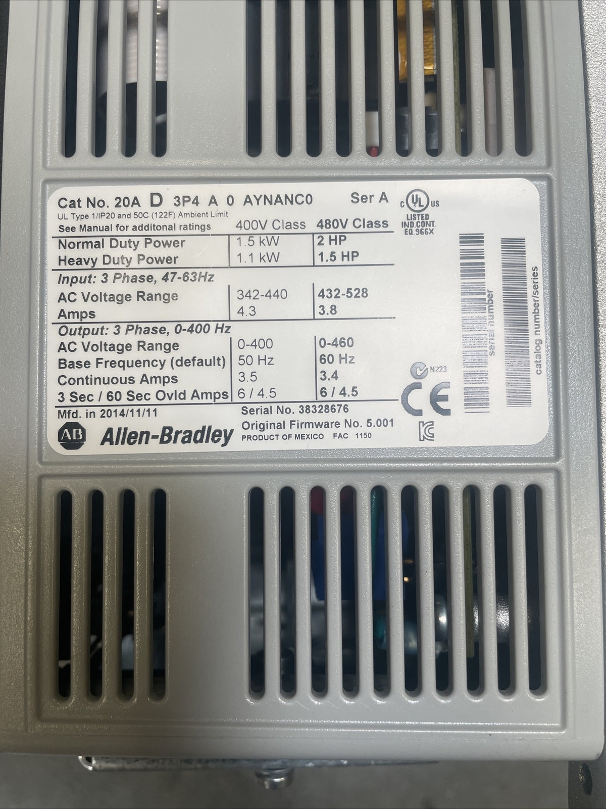 Allen Bradley 20AD3P4A0AYNANC0  Ser. A 2 HP @1D