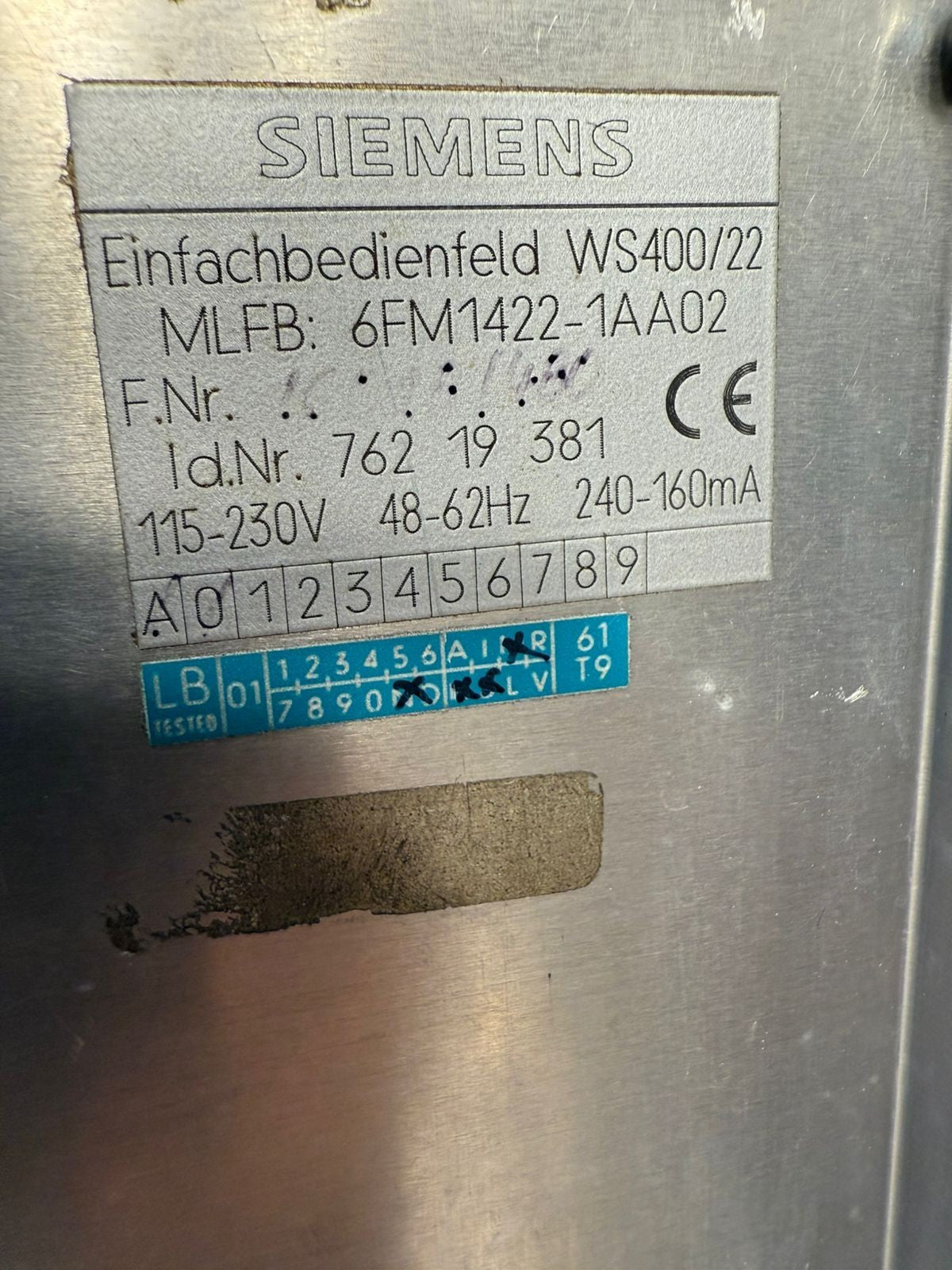 Siemens WS 400-22 Control Panel Monitor 6FM1422-1AA02              (1.6.1)