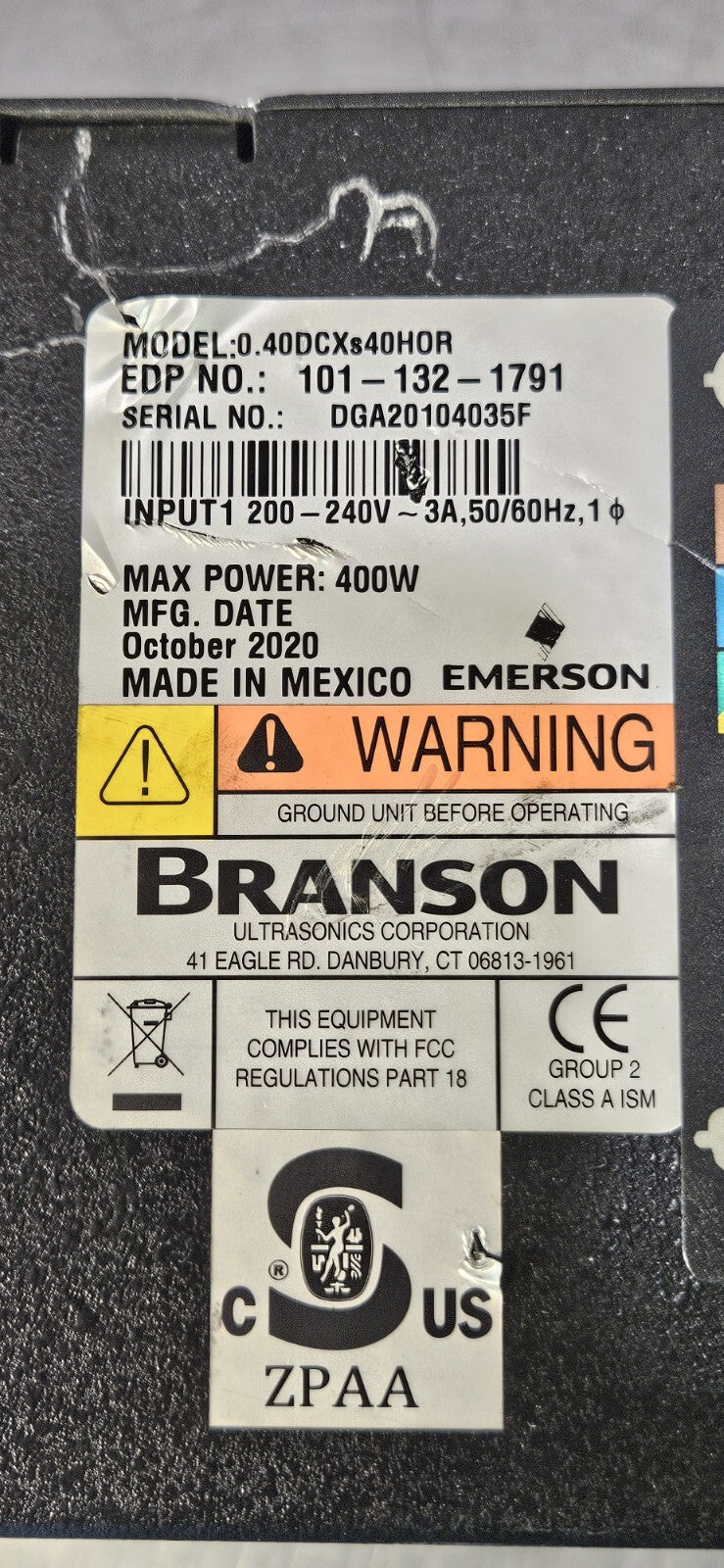 Branson 0.40DCXs40H0R / S40:0.40 Power Supply 200-240VAC 400W           (BIN554)