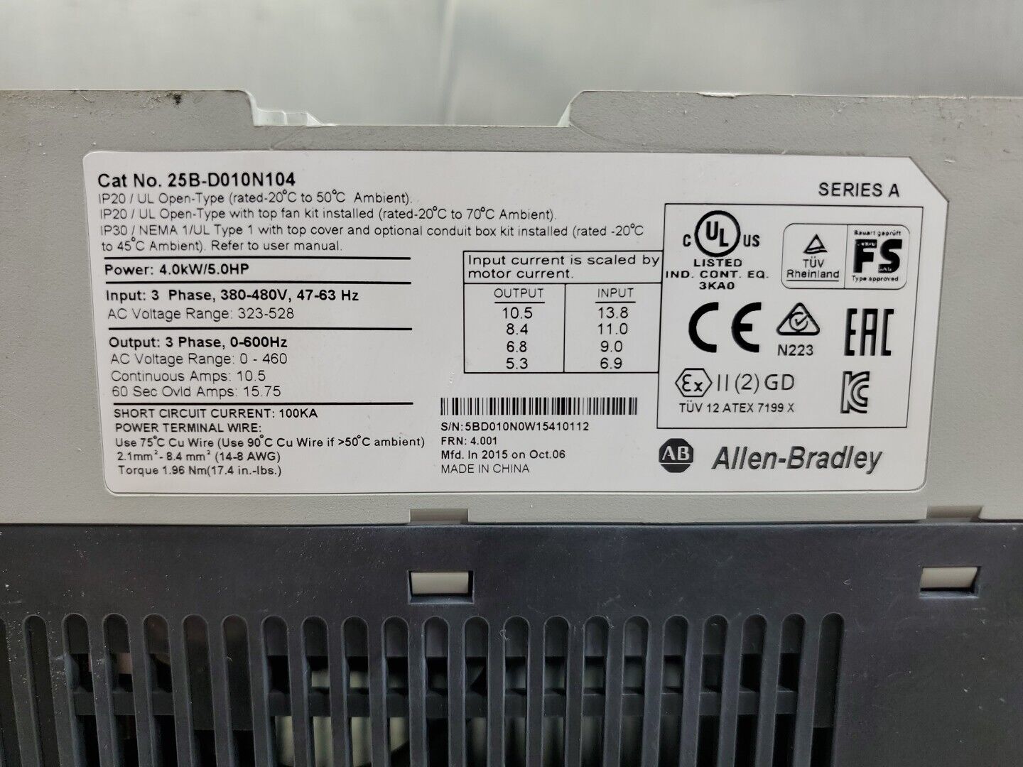 Allen-Bradley 25B-D010N104 Ser A PowerFlex 525 4kW (5Hp) AC Drive.         1-E10