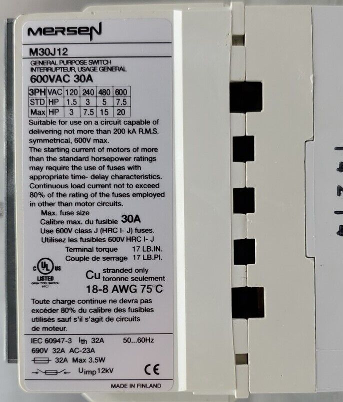 MERSEN M30J12 600VAC 30A Switch w/3-Bussman LPJ-15SP Fuses.                4B-36