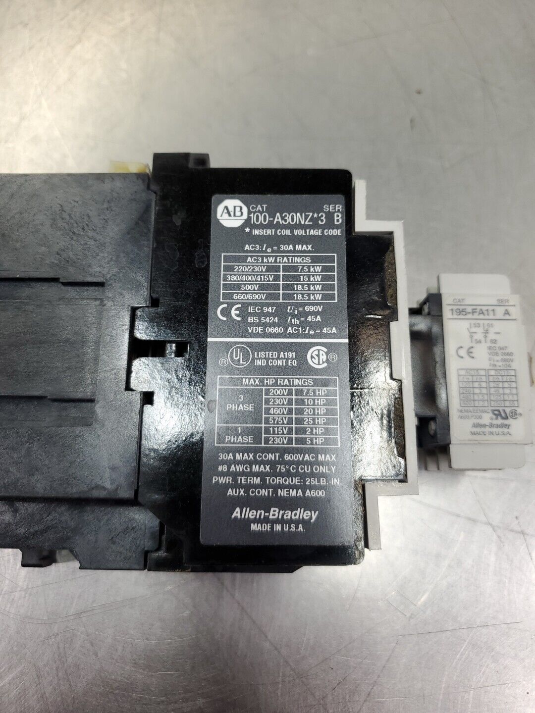 ALLEN BRADLEY 100-A30NZ*3  SERIES B  CONTACTOR w/195-FA11 Module.           4-D8