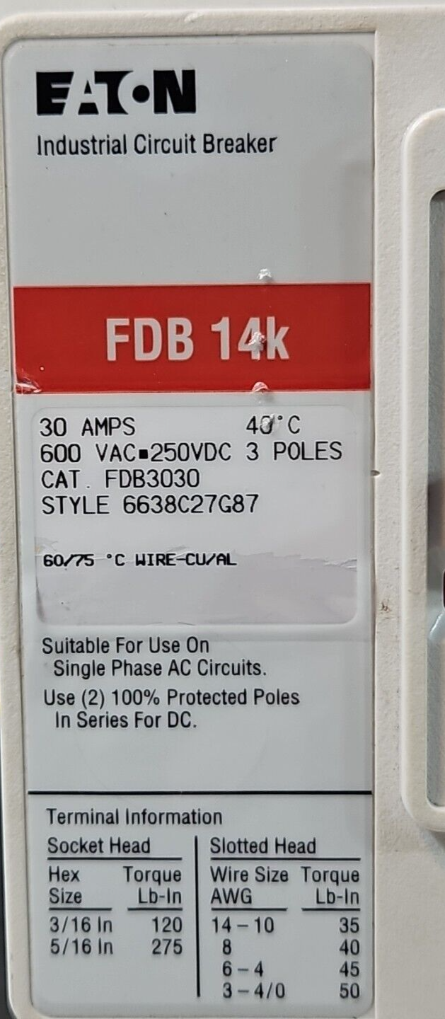 Eaton Cutler Hammer FDB3030L 30 Amp 600 Volt 3 Pole                     (BIN434)