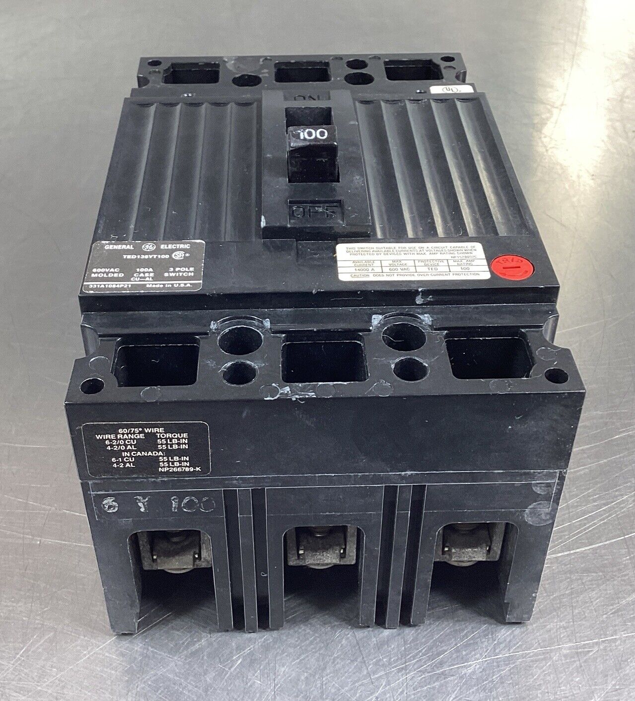 GE  TED136YT100  Circuit Breaker 600VAC 100Amp 3Pole       4E-27
