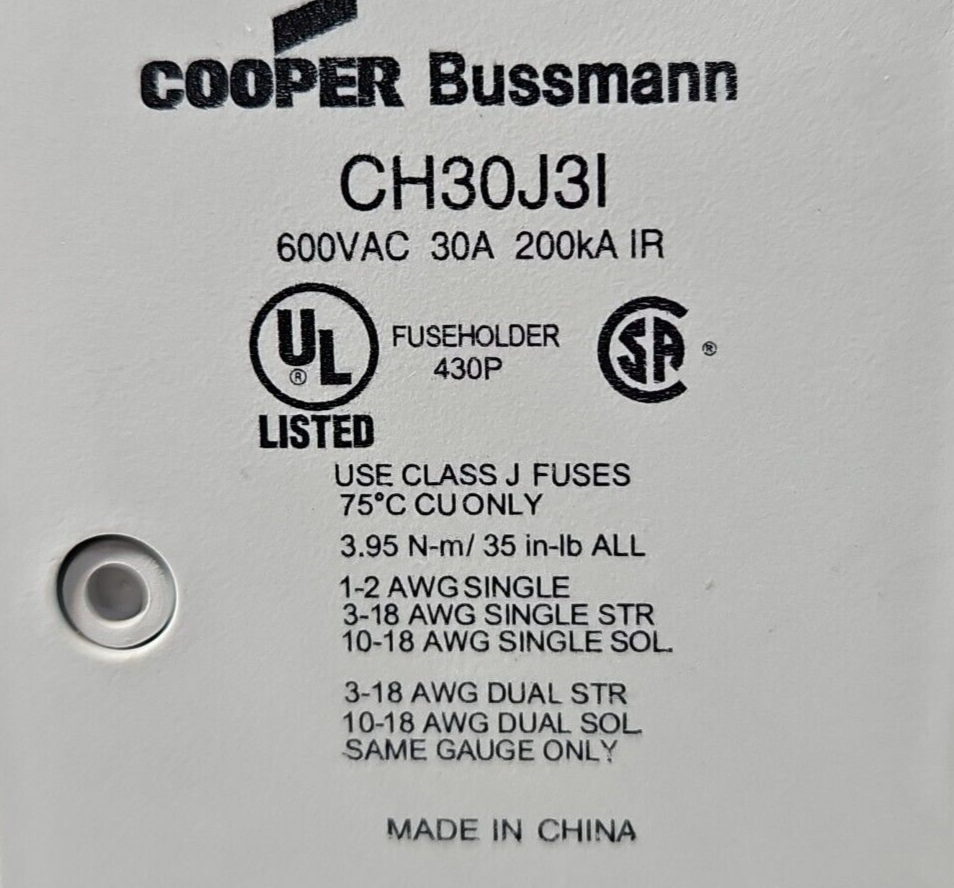 Bussmann CH30J3I 30A 600VAC 200ka IR Fuse Holder                        (BIN412)