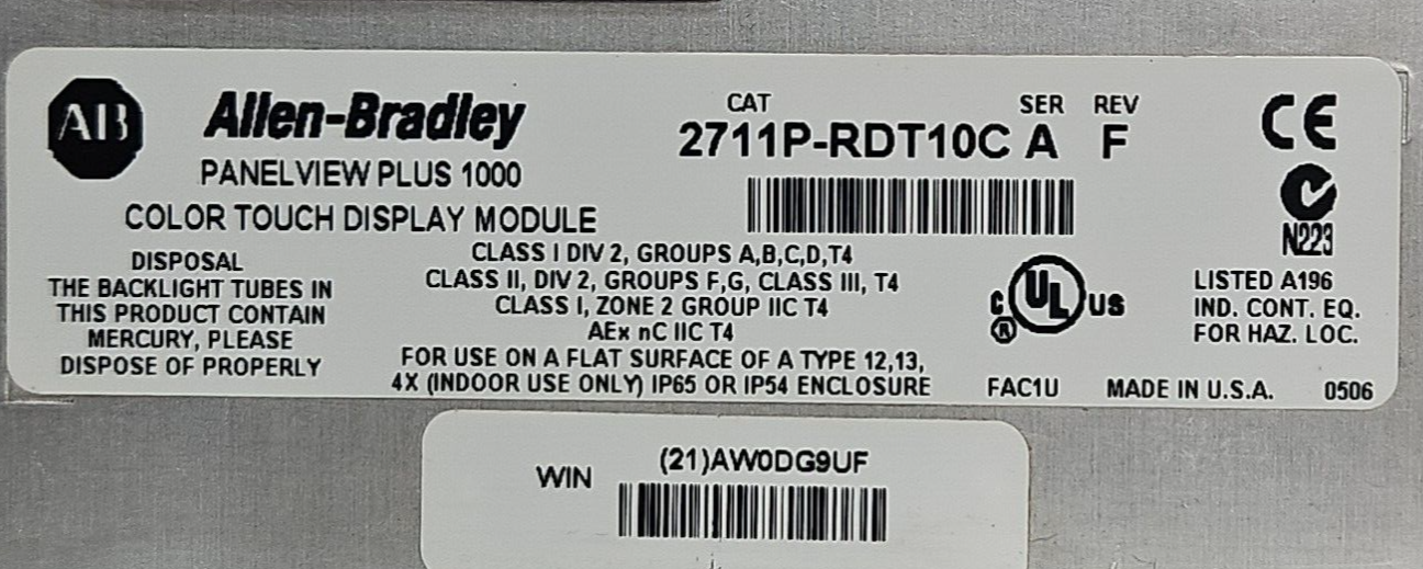 Allen Bradley 2711P-RDT10C ser A PanelView/ 2711P-T10C4D1               (BIN425)