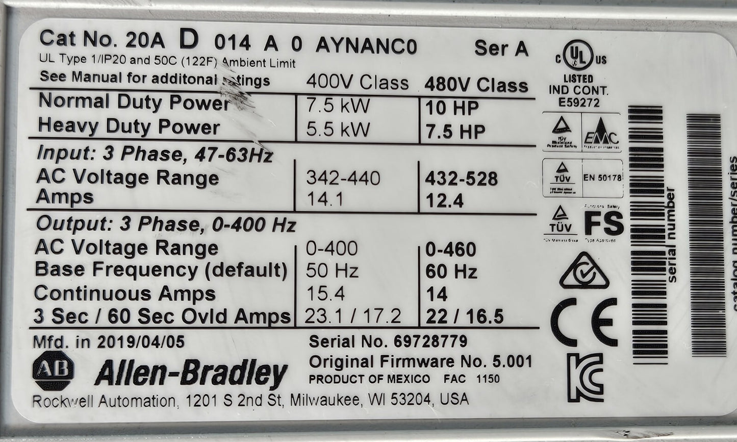 Allen Bradley 20AD014A0AYNANC0 Powerflex 70 AC Drive                 (BIN741)
