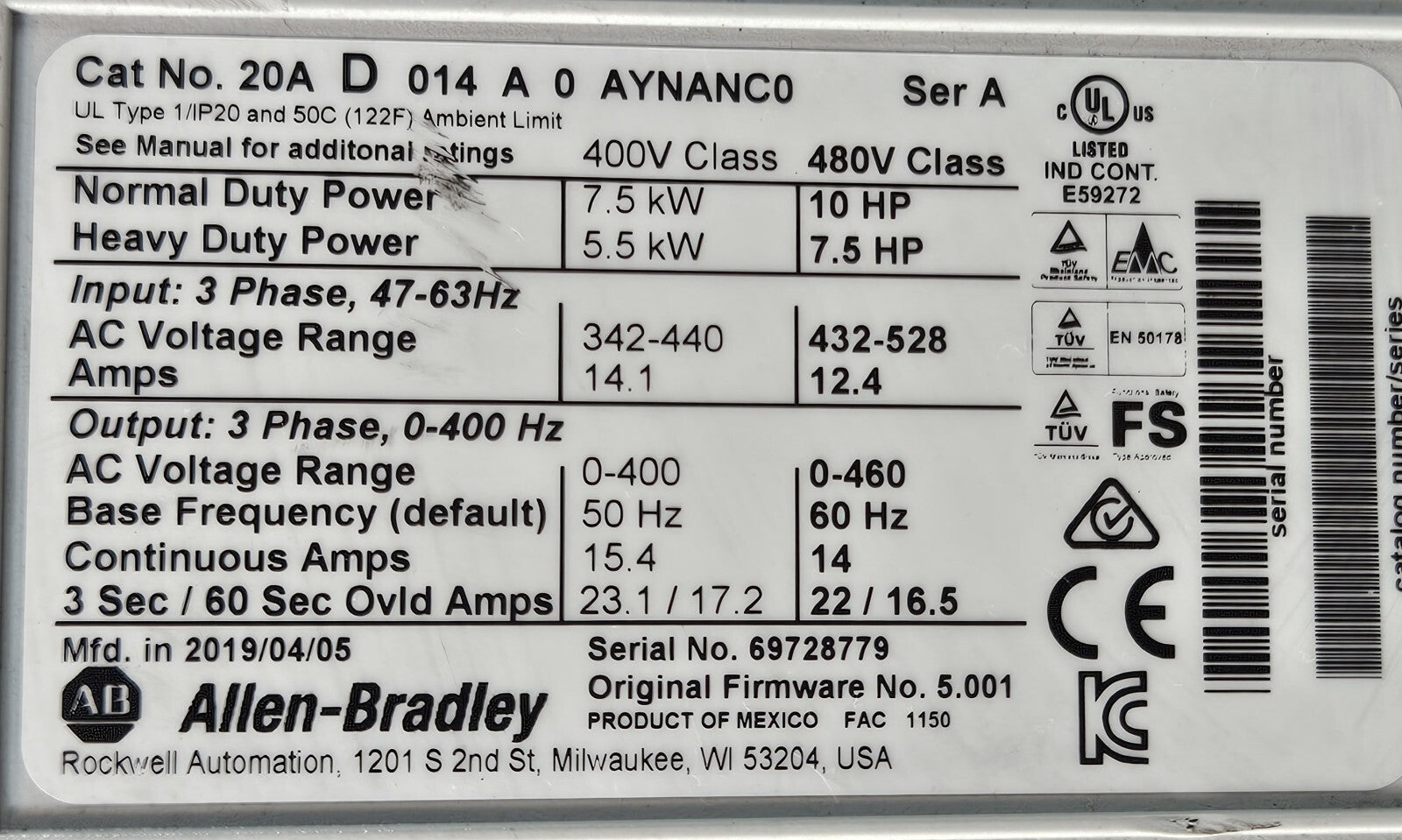 Allen Bradley 20AD014A0AYNANC0 Powerflex 70 AC Drive                 (BIN741)